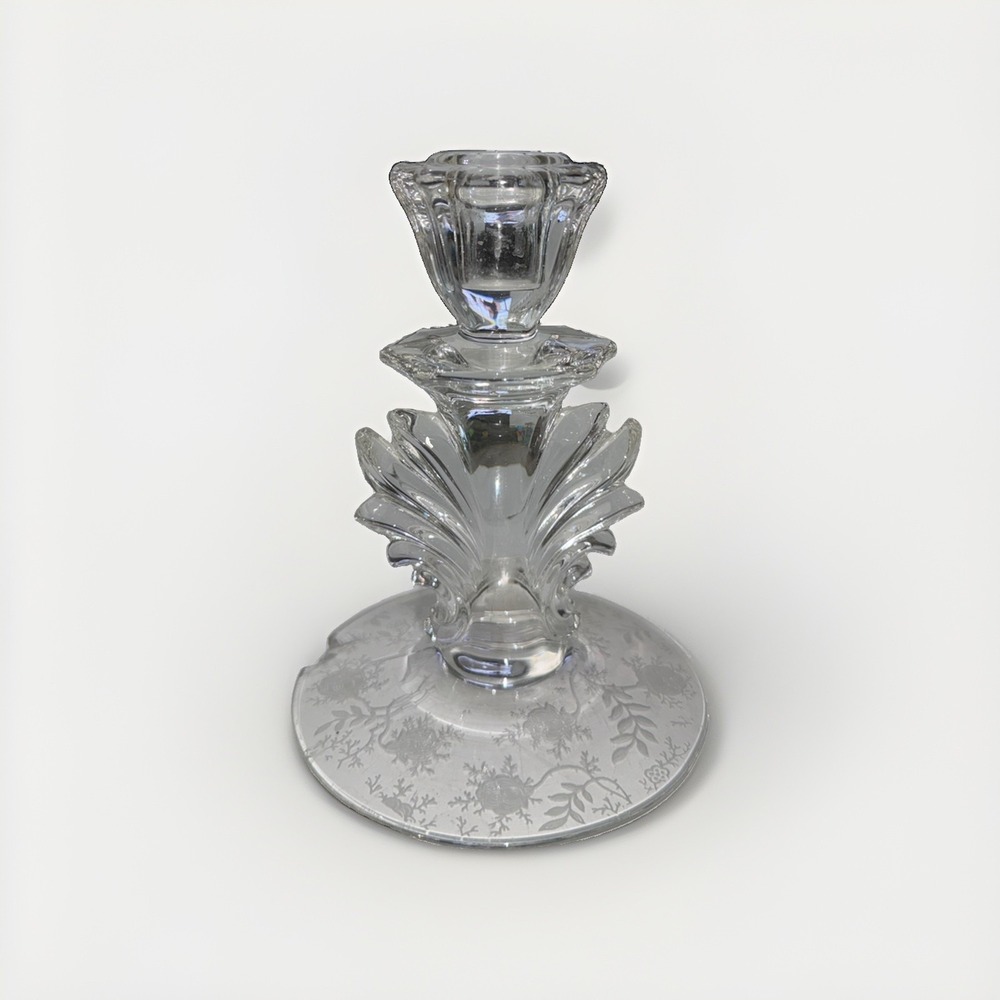 Fostoria Meadow Rose #6016 Etched Baroque 5 ¾" Clear Crystal Etched Candlestick